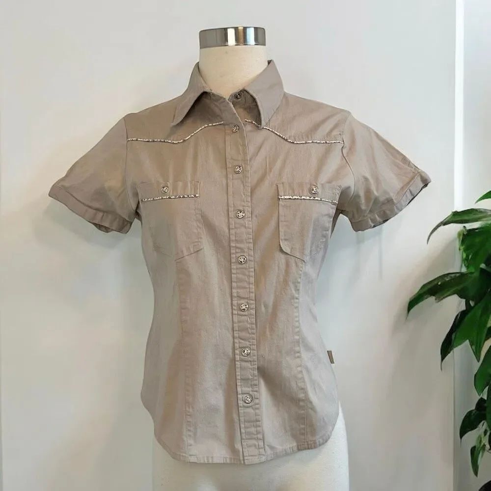 Roxy Brown Tan Floral Western Cowboy Button Down Shirt XL Short Sleeve